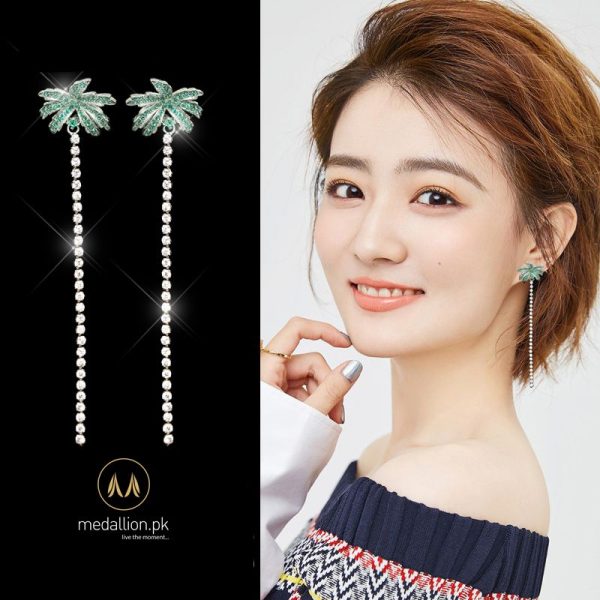 Platinum Plated Summer Coconut Tree Long Earrings-508