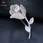 White Gold Plated Rose Flower Cubic Zirconia Brooch Pin
