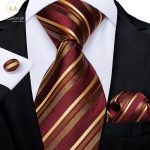 Italian Style 100% Silk Luxury Maroon & Gold Stripped Tie Set