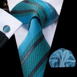 Italian Style 100% Silk Luxury Teal Blue Stripped Tie Set