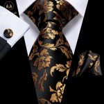 100% Silk Luxury Black & Gold Floral Tie Set