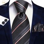 100% Silk Luxury Black & Pink Stripped Tie Set