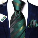 100% Silk Luxury Green & Black Stripped Tie Set