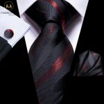 100% Silk Luxury Black & Red Stripped Tie Set