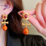 Vintage Retro Orange & Gold Drop Earrings