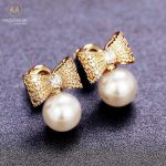 Gold Plated Simulated Pearl Bow Shape Stud Earrings
