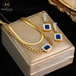 Stainless Steel Gold Plated Snake Chain Blue CZ Jewelry Set
