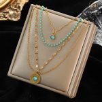 Stainless Steel Multilayer Green Stone Vintage Necklace