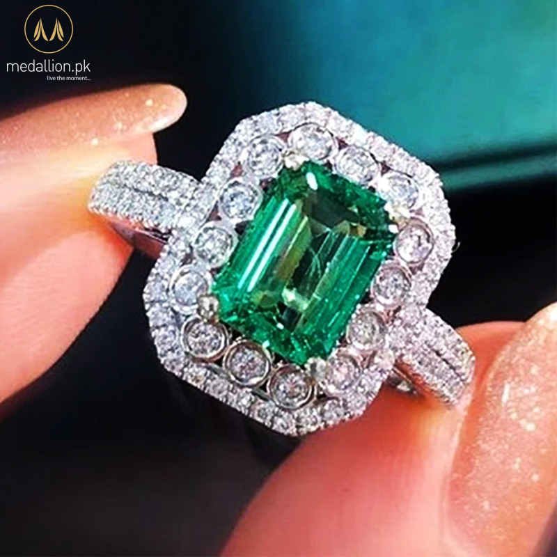 Luxury White Gold Plated Big Green Cubic Zirconia Stone Ring