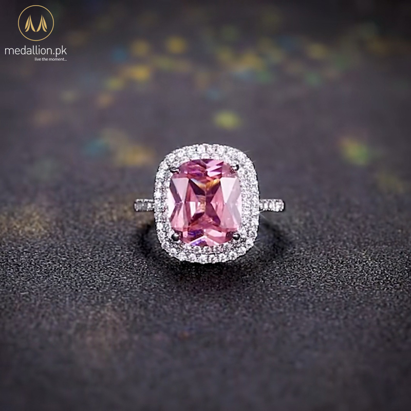 Luxury White Gold Plated Big Pink Cubic Zirconia Stone Ring
