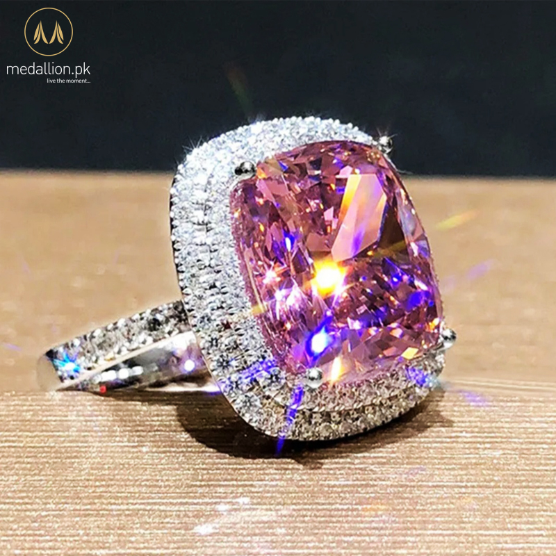 Luxury White Gold Plated Big Pink Cubic Zirconia Stone Ring