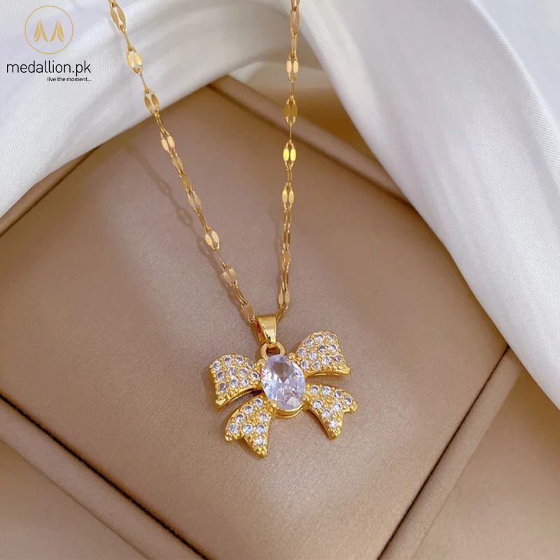 Stainless Steel Gold Plated Bow Shape AAA+ Cubic Zirconia Necklace