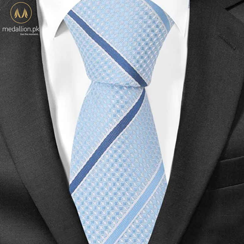 100% Polyester Sky Blue Jacquard Stripped Slim Tie For Men