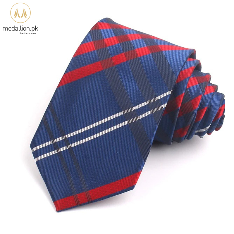 100% Polyester Blue & Red Plaid Slim Tie For Men