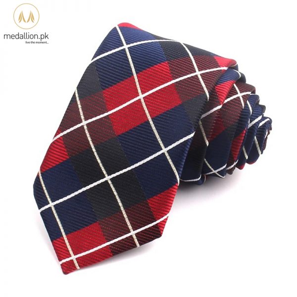 100% Polyester Blue, Red & White Plaid Slim Tie For Men
