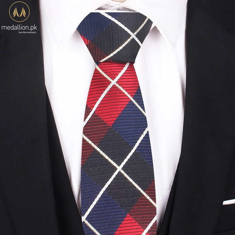 100% Polyester Blue, Red & White Plaid Slim Tie For Men