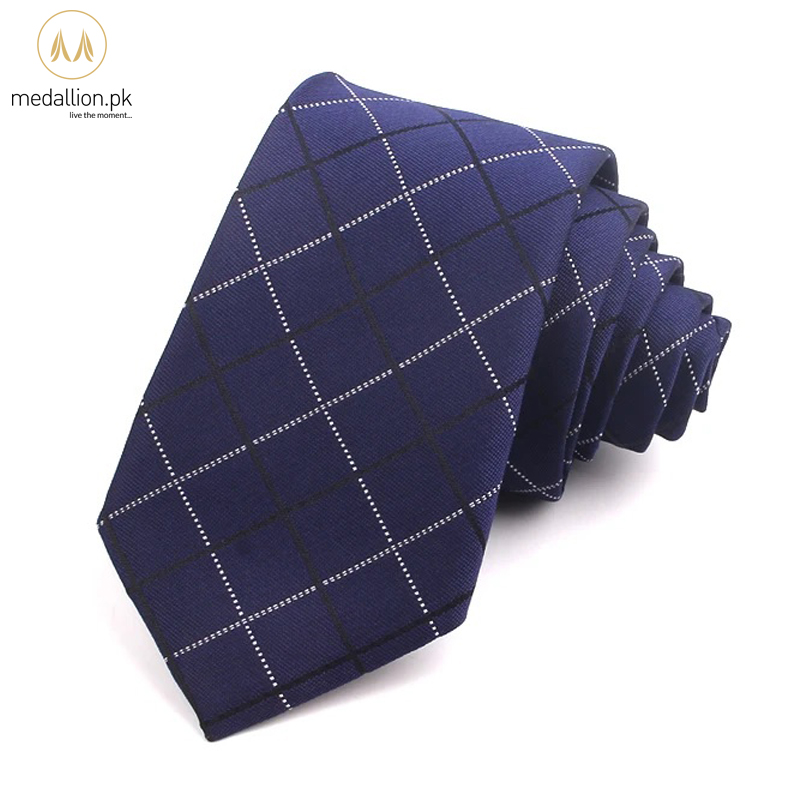 100% Polyester Blue & White Plaid Slim Tie For Men