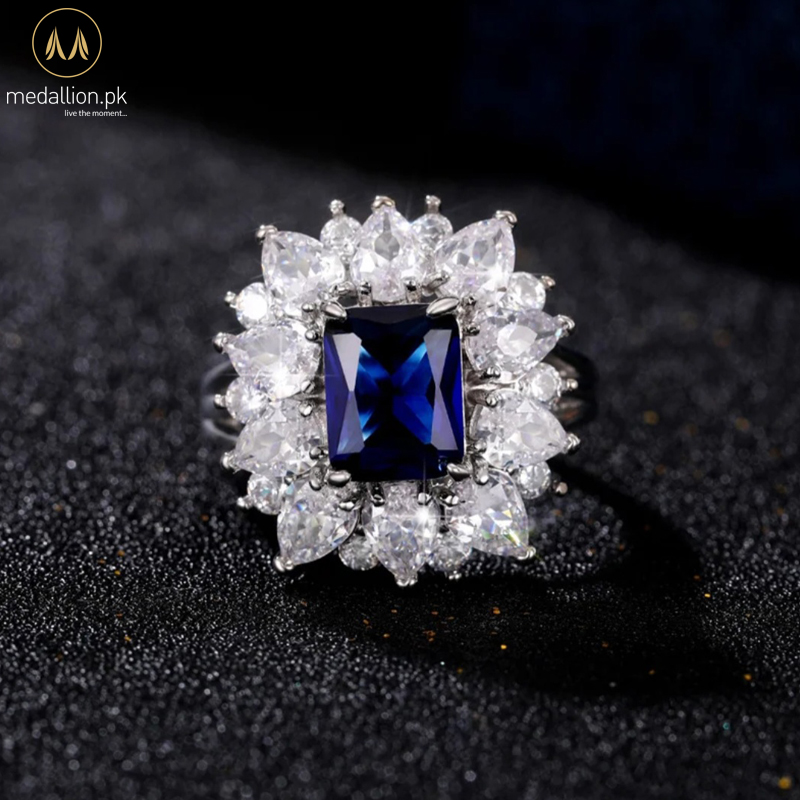 White Gold Plated Sparkling Blue AAA+ Cubic Zirconia Ring