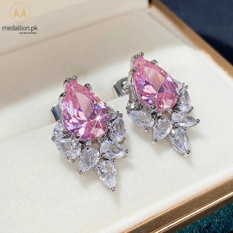 White Gold Plated Pink Water Drop AAA+ Cubic Zirconia Earrings
