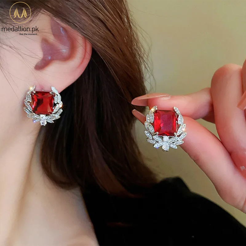 White Gold Plated Bright Red AAA+ CZ Earrings