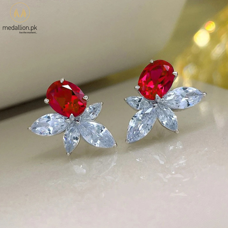 White Gold Plated Bright Red Flower Shape AAA+ Cubic Zirconia Earrings