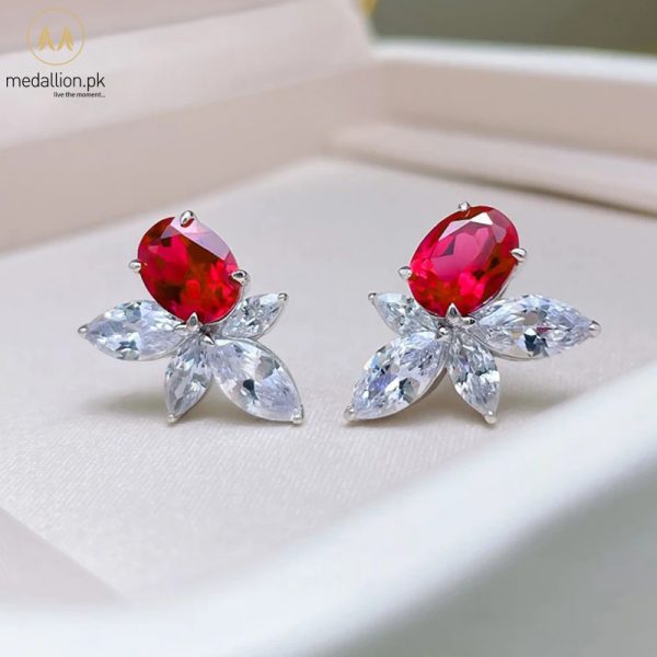 White Gold Plated Bright Red Flower Shape AAA+ Cubic Zirconia Earrings