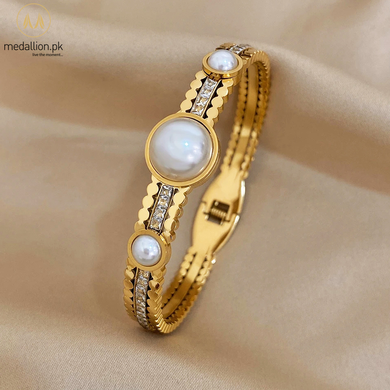 Italian Stainless Steel Gold Plated Pearl Cuff Bracelet/Bangle