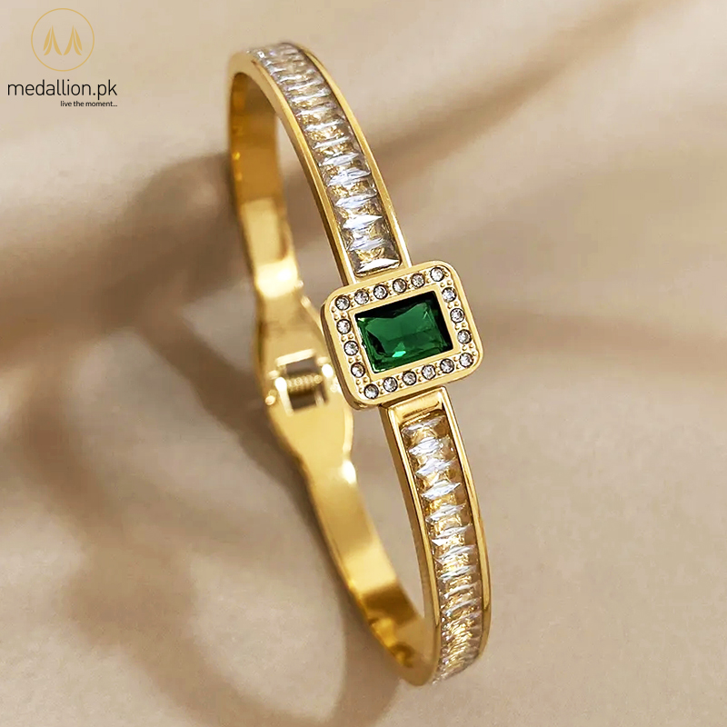 Italian Stainless Steel Gold Plated Green CZ Cuff Bracelet/Bangle