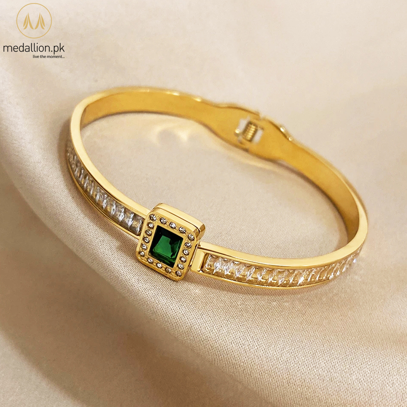 Italian Stainless Steel Gold Plated Green CZ Cuff Bracelet/Bangle