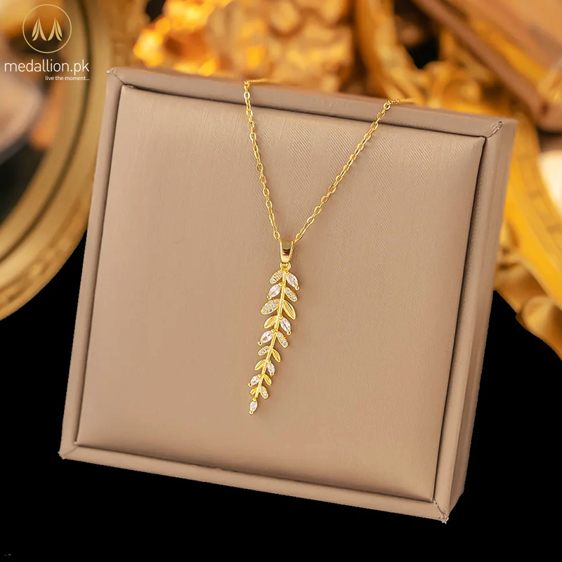 316L Stainless Steel Gold Plated Leaf Zircon Necklace