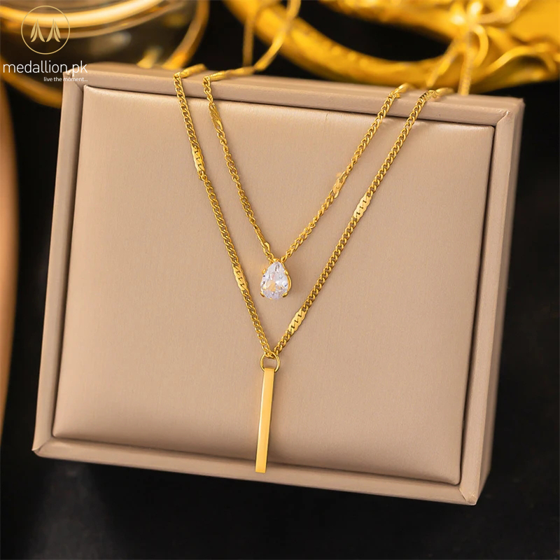 316L Stainless Steel Gold Plated Double Layer Droplet Zircon Necklace