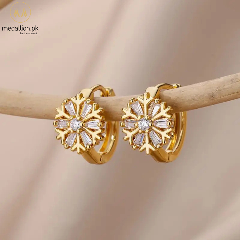 Stainless Steel Gold Plated Snowflake Style Hoop Earrings
