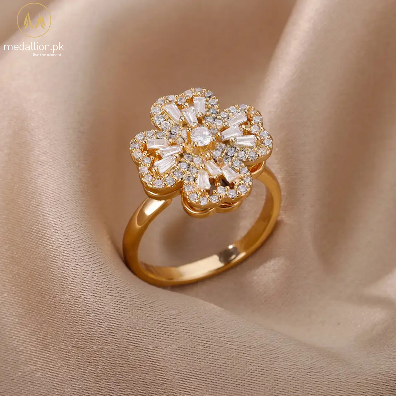 Stainless Steel Gold Plated Rotating Four Clover Anti Stress Ring