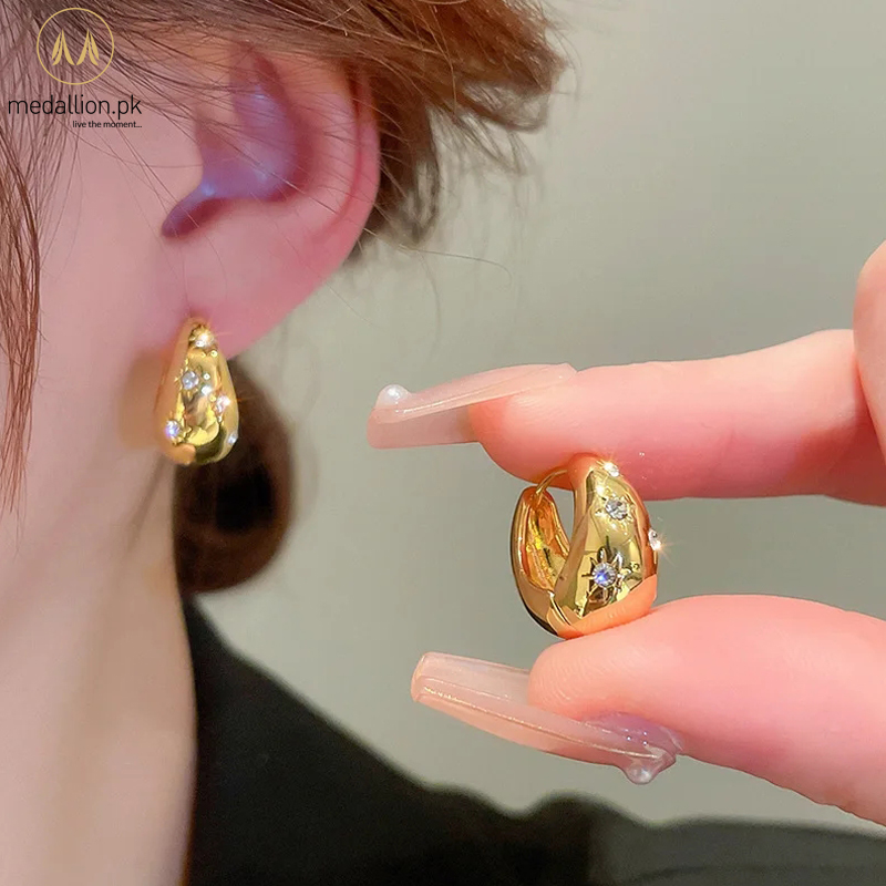Luxury Yellow Gold Plated Star Zircon Hoop Earrings