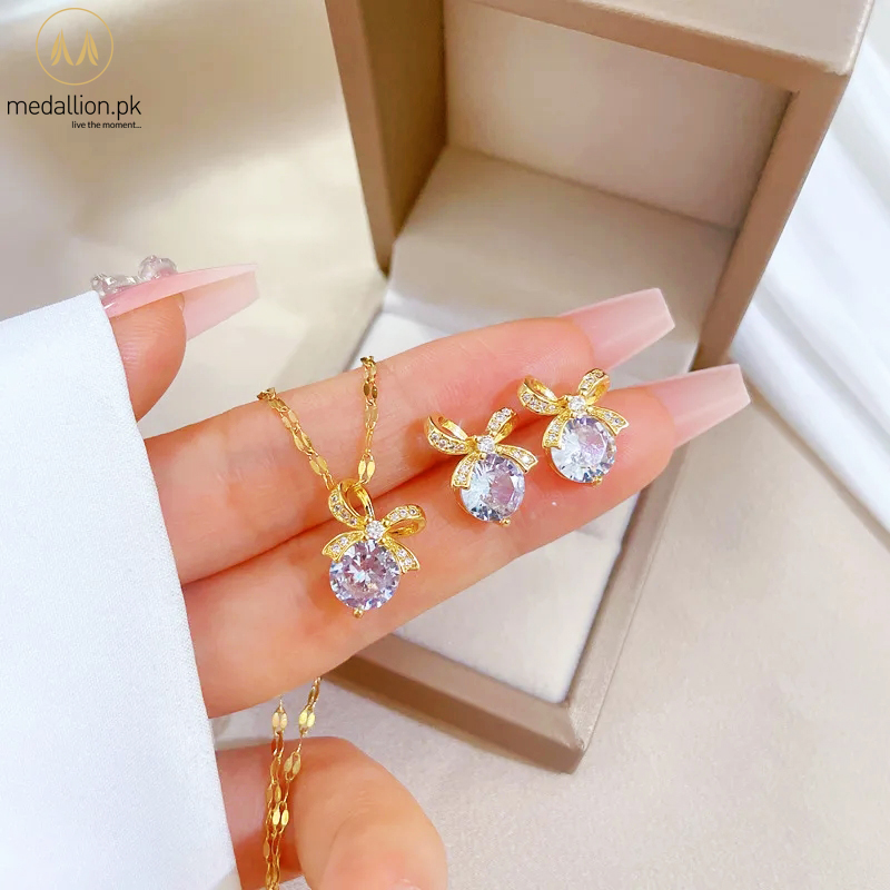 Stainless Steel Gold Plated Bowknot CZ Jewelry Set