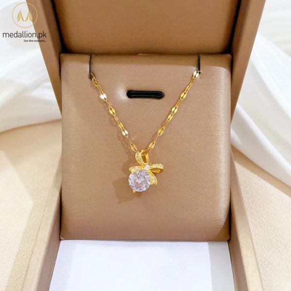 Stainless Steel Gold Plated Bowknot CZ Jewelry Set