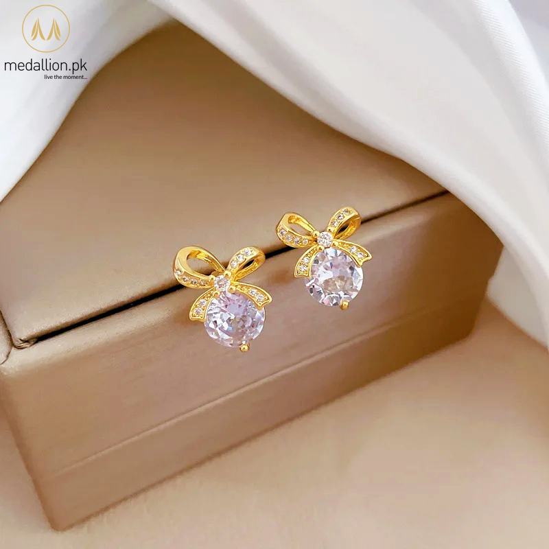 Stainless Steel Gold Plated Bowknot CZ Jewelry Set