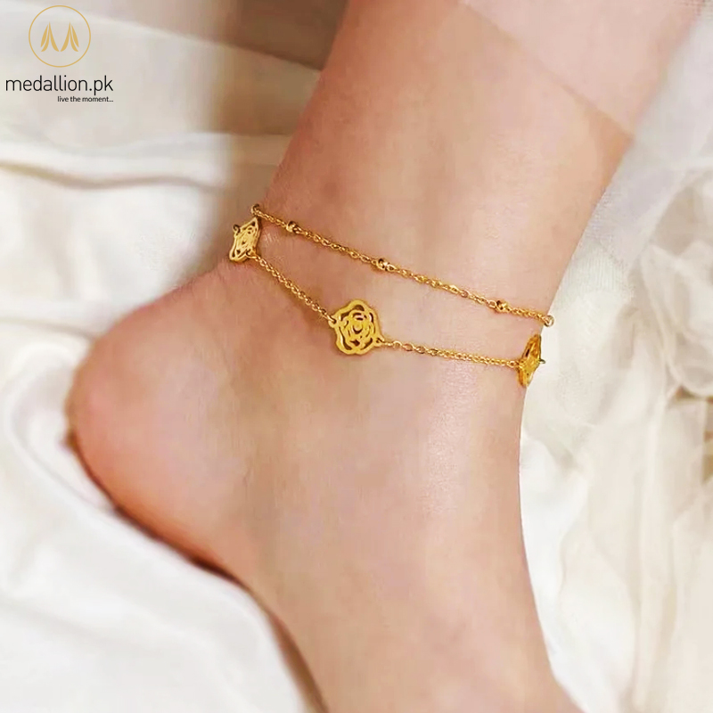 316L Stainless Steel Gold Plated Double Layer Rose Flower Anklet