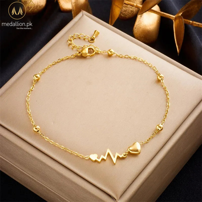 316L Stainless Steel Gold Plated Heartbeat Charm Anklet