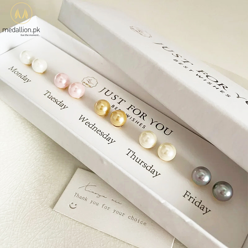 5 Pairs White Pink Champagne Beige Grey Imitation Pearl Earrings