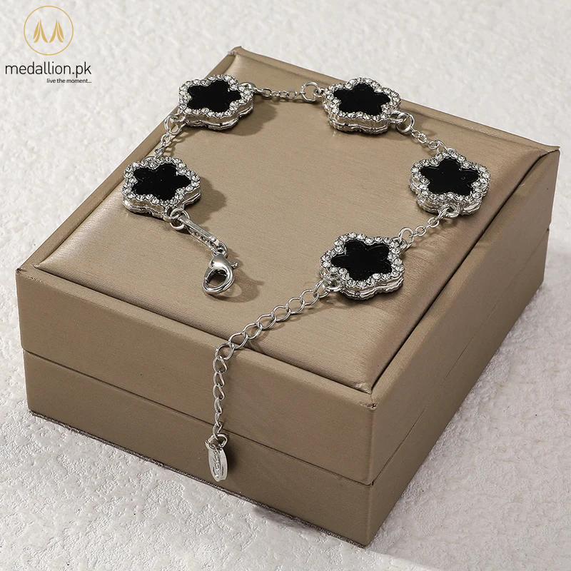 Silver Plated Flower Shape Black CZ Bracelet