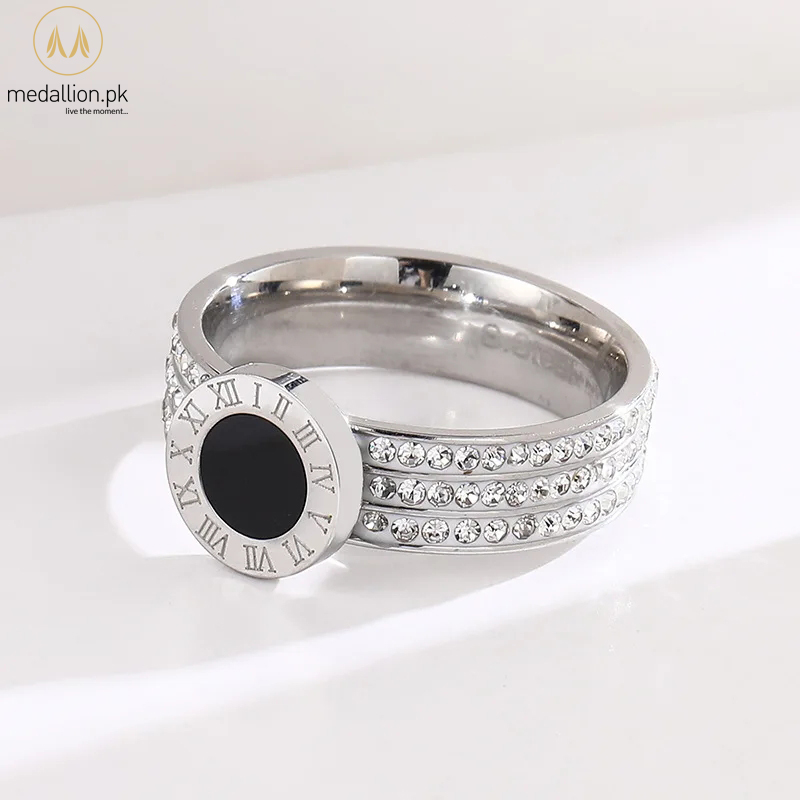 Stainless Steel Roman Numeral Cubic Zirconia Ring