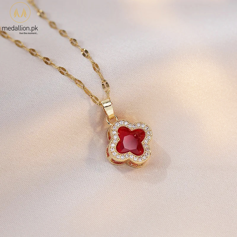 Titanium Steel Gold Plated Red Cubic Zirconia Necklace