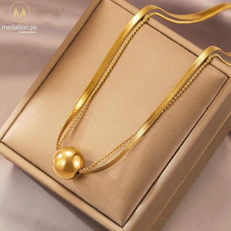 Stainless Steel Gold Plated Round Ball Charm Necklace