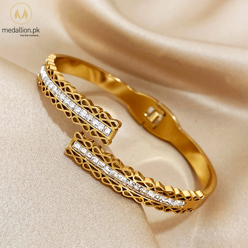 Stainless Steel Gold Plated Elegant Lace Shape CZ Bracelet / Bangle