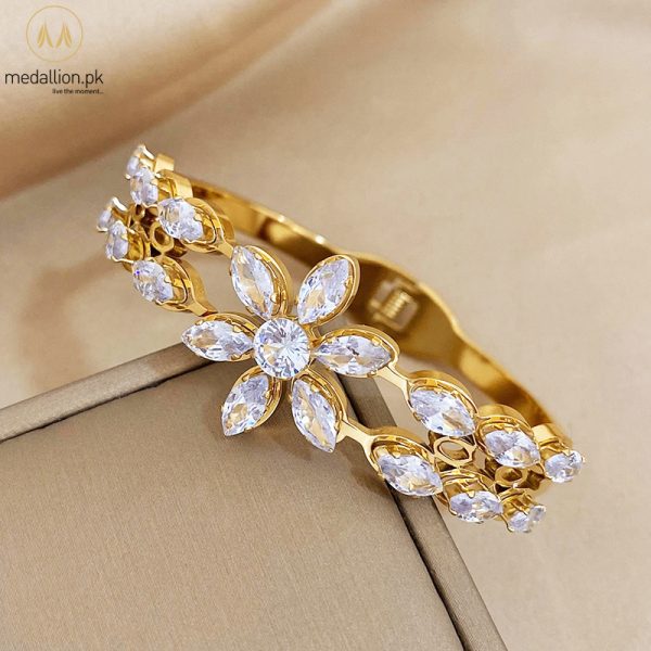 Stainless Steel Gold Plated Luxury Flower Cut CZ Bracelet / Bangle