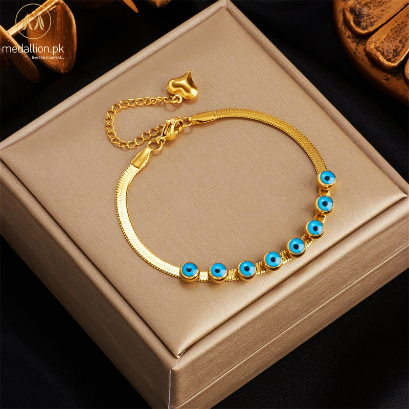 316L Stainless Steel Gold Plated Blue Devil Eye Protection Bracelet