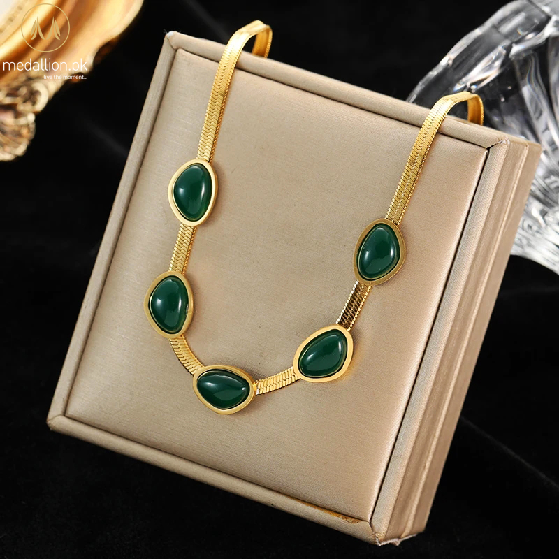 316L Stainless Steel Gold Plated Green Oval Zircons Necklace