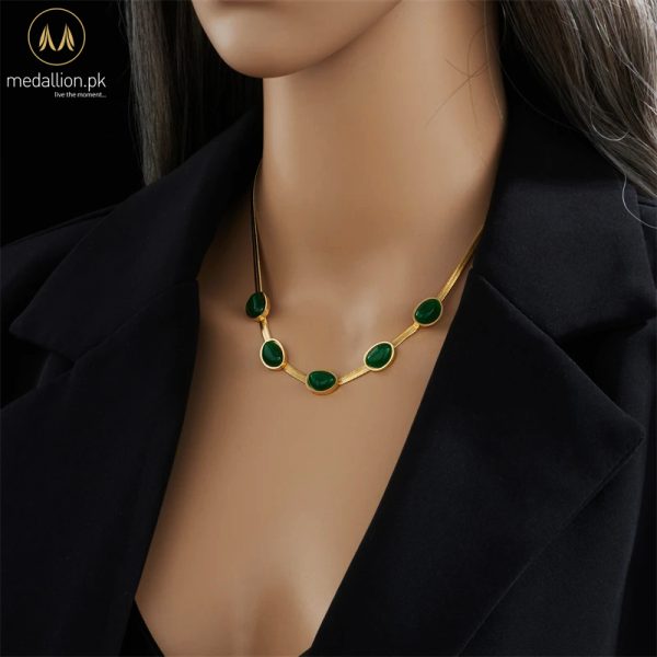 316L Stainless Steel Gold Plated Green Oval Zircons Necklace