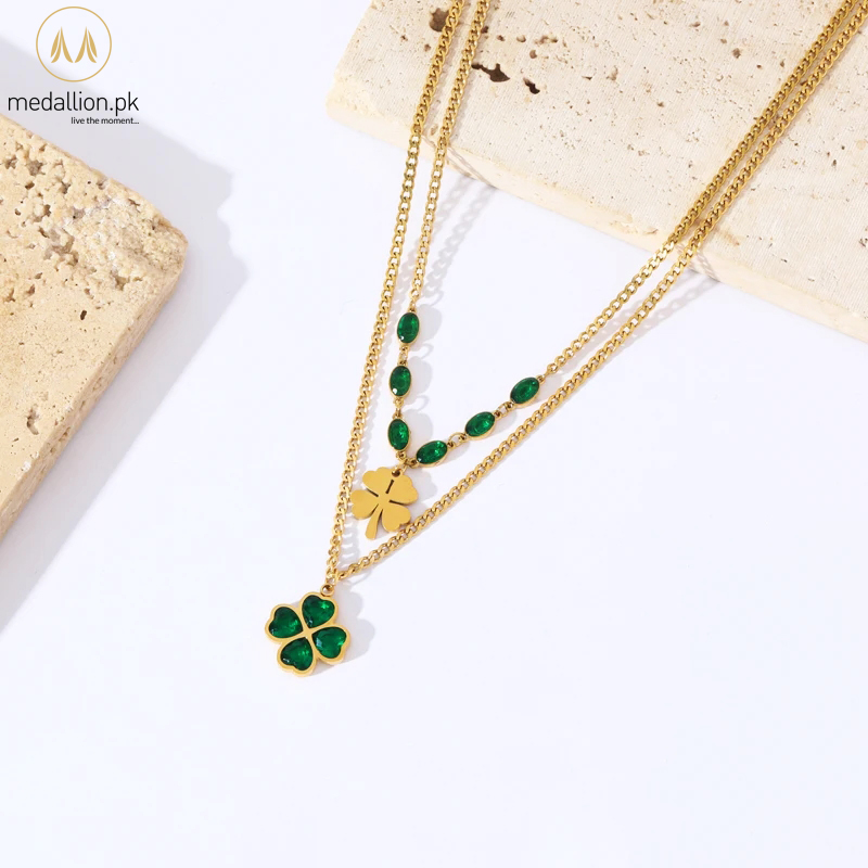 316L Stainless Steel Gold Plated Green Clover Zircon Necklace